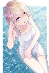Rule 34 | 1girl, blonde hair, blue eyes, blush, breasts, dande cat, dress, highres, in water, kingdom hearts, kingdom hearts ii, long hair, looking at viewer, namine, open mouth, sitting, solo, water, wet, wet clothes, white dress