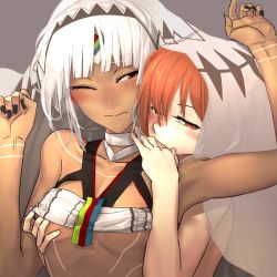 Rule 34 | 2girls, altera (fate), arm up, bare arms, bare shoulders, black nails, blush, breasts, choker, clenched hand, closed mouth, clothed female nude female, collarbone, couple, dark-skinned female, dark skin, fate/grand order, fate (series), female focus, fujimaru ritsuka (female), grabbing, grabbing another&#039;s breast, grabbing from behind, grey background, half-closed eyes, hand up, hug, hug from behind, i-pan, interracial, kiss, kissing back, looking at another, looking at viewer, multiple girls, nail polish, nipple stimulation, nipple tweak, nude, one eye closed, orange eyes, orange hair, red eyes, revealing clothes, see-through, short hair, side ponytail, simple background, small breasts, strapless, tube top, type-moon, upper body, veil, white choker, white hair, wince, yuri