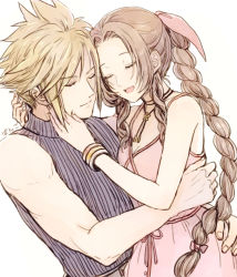 Rule 34 | 1boy, 1girl, aerith gainsborough, ancotsubu, arms around neck, arms around waist, bare arms, blonde hair, blue shirt, bracelet, braid, breasts, brown hair, choker, cleavage, closed eyes, cloud strife, couple, dress, final fantasy, final fantasy vii, final fantasy vii remake, hair ribbon, hetero, jewelry, long hair, necklace, open mouth, parted bangs, pink dress, pink ribbon, ribbon, shirt, sidelocks, sleeveless, sleeveless turtleneck, smile, spiked hair, square enix, turtleneck, wavy hair, white background
