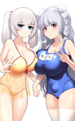 Rule 34 | 2girls, absurdres, asymmetrical docking, bikini, blue eyes, blunt bangs, braid, breast press, breasts, cleavage, closed mouth, collarbone, commentary, commission, covered navel, english commentary, googoogaagaa, grey hair, hair ribbon, highres, holding hands, interlocked fingers, korean text, large breasts, long hair, medium hair, multiple girls, name tag, navel, one-piece swimsuit, orange bikini, original, parted lips, pink eyes, ribbon, school swimsuit, sidelocks, simple background, standing, swimsuit, thighhighs, twintails, v, white background, white legwear