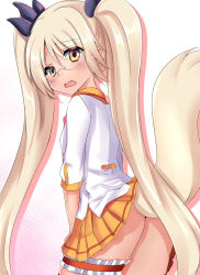 Rule 34 | 10s, 1girl, blonde hair, blush, bridal garter, clothes lift, dog tail, glasses, highres, long hair, looking at viewer, looking back, minato yoshihiro, no panties, retoree (show by rock!!), school uniform, semi-rimless eyewear, show by rock!!, simple background, skirt, skirt lift, solo, tail, twintails, white background, yellow eyes