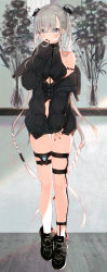 Rule 34 | + +, 1girl, animal, animal on shoulder, artist name, bare shoulders, black flower, black jacket, black nails, black shirt, blue eyes, braid, breasts, clothing cutout, earrings, flower, frown, full body, grey hair, hair between eyes, hair ornament, highres, jacket, jewelry, leg belt, long hair, long sleeves, looking at viewer, medium breasts, nail polish, off shoulder, open clothes, open jacket, original, puffy sleeves, shirt, shoes, sleeveless, sleeveless shirt, sleeveless turtleneck, sneakers, solo, standing, stomach cutout, thighs, turtleneck, twintails, vase, very long hair, yadapot
