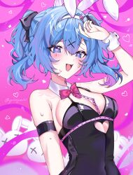 Rule 34 | 1girl, :d, absurdres, animal ears, black leotard, black ribbon, blue eyes, blue hair, bow, bowtie, breasts, cleavage, clothing cutout, detached collar, fake animal ears, hair ornament, hair ribbon, hairband, hatsune miku, heart, heart-shaped pupils, heart cutout, highres, leotard, medium breasts, medium hair, open mouth, pink bow, pink bowtie, pink pupils, playboy bunny, rabbit ears, rabbit hole (vocaloid), ribbon, smile, solo, spaghetti strap, sweatdrop, symbol-shaped pupils, teardrop facial mark, twintails, upper body, white hairband, wrist cuffs, x hair ornament, yuimiyazaki