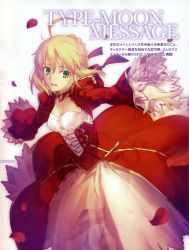 Rule 34 | 10s, 1girl, absurdres, ahoge, armor, blonde hair, breasts, cleavage, dress, epaulettes, fate/extra, fate/stay night, fate (series), green eyes, hair ribbon, highres, nero claudius (fate), nero claudius (fate) (all), nero claudius (fate/extra), open mouth, outstretched arms, panties, petals, ribbon, see-through, solo, spread arms, takeuchi takashi, underwear, white panties
