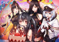 Rule 34 | 4girls, :d, ^ ^, azur lane, bare shoulders, black gloves, black hair, black legwear, blue eyes, blush, breasts, cake, candle, cleavage, closed eyes, commentary request, cross, cross earrings, crossed arms, dress, earrings, fingerless gloves, food, friedrich der grosse (azur lane), gloves, hair between eyes, hair over one eye, hat, highres, horns, iron cross, jewelry, large breasts, long hair, long sleeves, looking at viewer, multicolored hair, multiple girls, official art, one side up, oni horns, open mouth, own hands together, peaked cap, ponytail, red eyes, red gloves, red horns, ryuuhou (azur lane), sakiyamama, short hair, sidelocks, smile, streaked hair, swimsuit, thighhighs, tirpitz (azur lane), u-47 (azur lane), very long hair, white gloves, white hair, wide sleeves, yellow eyes