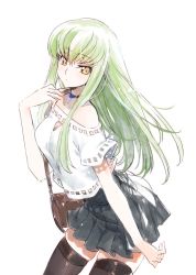 Rule 34 | 1girl, bag, black skirt, black thighhighs, breasts, c.c., choker, cleavage, cleavage cutout, closed mouth, clothing cutout, code geass, collarbone, cowboy shot, creayus, floating hair, green hair, handbag, leaning forward, long hair, looking at viewer, medium breasts, miniskirt, off-shoulder shirt, off shoulder, pleated skirt, shirt, short sleeves, simple background, skirt, solo, standing, thighhighs, white background, white shirt, yellow eyes, zettai ryouiki