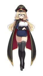Rule 34 | 1girl, black-framed eyewear, black footwear, blonde hair, blue eyes, blue ribbon, boots, breasts, cape, formation girls, full body, hair ribbon, hat, highres, ichi-jirushi, large breasts, long hair, looking at viewer, low-tied long hair, margrit auenmuller, military hat, official art, peaked cap, pencil skirt, ribbon, skirt, solo, swept bangs, thigh boots, thighhighs, transparent background