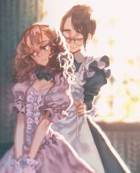 Rule 34 | 2girls, apron, backlighting, bad id, bad pixiv id, blue bow, bow, bowtie, breasts, brown eyes, brown hair, cleavage, curly hair, dress, dressing, dressing another, closed eyes, glasses, gloves, indoors, long hair, looking to the side, maid, multiple girls, original, pachyphytum, sunlight, victorian maid, wallpaper (object), white dress, white gloves, window