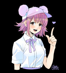 Rule 34 | 1girl, :d, absurdres, baseball cap, black background, bob cut, brown eyes, brown hair, collared shirt, dated, geshumaro, hat, highres, index finger raised, looking at viewer, medium hair, neck ribbon, open mouth, original, purple ribbon, ribbon, school uniform, shirt, short sleeves, signature, simple background, smile, solo, white shirt, wing collar