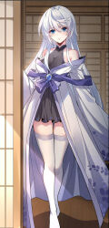 Rule 34 | 1girl, black dress, blue eyes, blush, closed mouth, collared dress, dress, highres, jacket, long hair, looking at viewer, my female apprentices are all big shots from the future, official art, qing su chang, serious, socks, solo, very long hair, white hair, white jacket, white socks