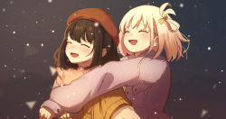 Rule 34 | :d, ^ ^, alternate costume, bad id, bad pixiv id, beret, blonde hair, blurry, blurry background, blush, brown hair, closed eyes, commentary request, depth of field, hair ornament, hairclip, happy, hat, highres, hug, hug from behind, inoue takina, jacket, light, long sleeves, lycoris recoil, night, night sky, nishikigi chisato, open mouth, orange vest, purple jacket, raised eyebrows, red headwear, short hair, sky, smile, snowing, standing, triangle, tsuki (syee8825), upper body, vest, winter, winter clothes