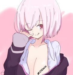 Rule 34 | 10s, 1girl, ;q, bad id, bad pixiv id, blush, breasts, cleavage, closed mouth, collarbone, collared shirt, commentary request, copyright name, gridman universe, hand up, head tilt, highres, jacket, kujou karasuma, long sleeves, looking at viewer, medium breasts, off shoulder, one eye closed, open clothes, open jacket, open shirt, pink background, pink hair, purple jacket, red eyes, shinjou akane, shirt, signature, simple background, sleeves past wrists, smile, solo, ssss.gridman, tongue, tongue out, upper body, white shirt