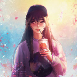 Rule 34 | 1girl, artist name, axsen, baseball cap, black hair, blurry, blush, brown hair, cup, depth of field, drinking, drinking straw, elbow gloves, gloves, gradient background, hair between eyes, hat, heart, holding, holding cup, long hair, long sleeves, neck, original, oversized clothes, petals, pink eyes, pink hat, pink lips, pink sweater, purple eyes, signature, solo, sweater, upper body, watermark, web address