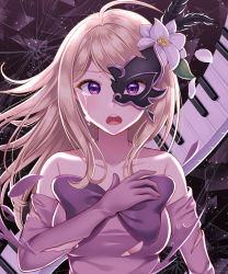 Rule 34 | 1girl, ahoge, akamatsu kaede, alternate costume, black feathers, blonde hair, blue eyes, bow, breaking, breasts, broken mask, collarbone, commentary request, danganronpa (series), danganronpa v3: killing harmony, dark, dot nose, dress, dress bow, elbow gloves, feather hair ornament, feathers, flower, frown, gloves, hair flower, hair ornament, highres, instrument, keyboard (instrument), large bow, large breasts, long hair, looking at viewer, mask, mouth mask, nabekokoa, pink dress, pink gloves, purple bow, purple eyes, sleeveless, sleeveless dress, solo, strapless, strapless dress, tearing up, tears, teeth, torn clothes, upper body, upper teeth only