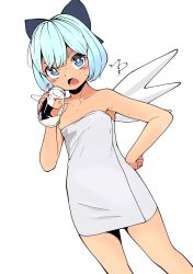 Rule 34 | 1girl, blue eyes, blue hair, bottle, bow, breasts, cirno, commentary request, dutch angle, hair bow, hand on own hip, holding, holding bottle, huxiao (mistlakefront), ice, ice wings, milk mustache, naked towel, signature, small breasts, solo, touhou, towel, translation request, wings