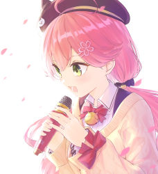 Rule 34 | 1girl, absurdres, ahoge, bell, cardigan, commentary request, eyebrows hidden by hair, green eyes, hair ornament, hairclip, hat, highres, hololive, jingle bell, light, low twintails, microphone, open mouth, petals, pink hair, profile, sakura miko, sakura miko (casual), smile, solo, twintails, upper body, virtual youtuber, yuu201023