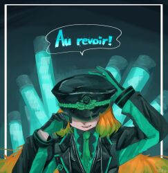 Rule 34 | 1girl, aqua gloves, arms up, black jacket, black shirt, black vest, collared shirt, e.g.o (project moon), fluorescent lamp, gloves, green necktie, highres, ishmael (project moon), jacket, limbus company, necktie, project moon, shirt, solo, suisei0708, upper body, vest