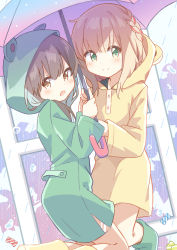 Rule 34 | 2girls, absurdres, animal hood, bare legs, blonde hair, blunt bangs, boots, braid, braided ponytail, brown eyes, brown hair, candy, child, coat, feet up, food, frog hood, frog raincoat, green eyes, green footwear, highres, holding, holding umbrella, hood, hood down, hood up, hooded coat, light blush, long sleeves, looking at viewer, multiple girls, open mouth, original, rain, raincoat, rubber boots, ryoku sui, shiny clothes, side ponytail, simple background, smile, umbrella, under umbrella, water drop, window, yellow footwear, yellow raincoat