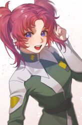 Rule 34 | 1girl, artist logo, breasts, commentary request, green jacket, gundam, gundam seed, gundam seed destiny, hand up, highres, jacket, light blush, long hair, long sleeves, medium breasts, meyrin hawke, military uniform, open mouth, purple eyes, red hair, sidelocks, smile, solo, teeth, twintails, uniform, upper body, upper teeth only, ususio 11, white background