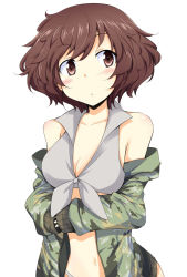 Rule 34 | 10s, 1girl, akiyama yukari, bikini, breasts, brown eyes, brown hair, camouflage, camouflage jacket, chata maru (irori sabou), cleavage, front-tie bikini top, front-tie top, girls und panzer, green jacket, grey bikini, highres, jacket, long sleeves, medium breasts, messy hair, no pants, open clothes, open jacket, parted lips, short hair, simple background, solo, standing, swimsuit, upper body, white background