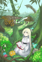 Rule 34 | 1girl, animal, bird, blonde hair, book, bush, choker, day, dress, fairy, fairy wings, forest, grass, highres, house, leaf, long hair, long sleeves, looking up, monster, mountain, mushroom, nature, open mouth, original, puffy sleeves, red eyes, sasurai susuki, sitting, sky, smoke, solo, susuki (pixiv), tree, very long hair, white dress, wide sleeves, wings