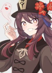 Rule 34 | 1girl, absurdres, black hat, blush, boo tao (genshin impact), breasts, brown hair, brown shirt, commentary, flower, genshin impact, grin, hair between eyes, hand up, happy, hat, hat flower, highres, hu tao (genshin impact), long hair, long sleeves, looking at viewer, red eyes, red flower, shirt, sidelocks, simple background, small breasts, smile, solo, symbol-shaped pupils, teeth, tomatology3, upper body, white background, wide sleeves