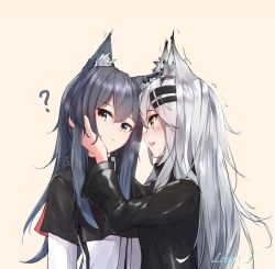 Rule 34 | 2girls, :d, ?, animal ear fluff, animal ears, arknights, artist name, bad id, bad mihuashi id, beige background, black capelet, black hair, black jacket, blush, breath, brown eyes, capelet, fang, from side, grey eyes, hair between eyes, hair ornament, hairclip, head tilt, highres, jacket, lappland (arknights), leria v, long hair, long sleeves, looking at another, looking at viewer, multiple girls, open mouth, profile, sidelocks, sideways mouth, signature, silver hair, simple background, smile, texas (arknights), trembling, upper body, white jacket, wolf ears, yuri