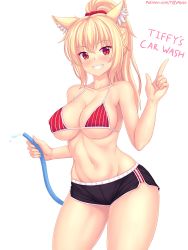 Rule 34 | 1girl, :d, animal ears, bare arms, bikini, bikini top only, black shorts, blonde hair, blush, breasts, cat ears, cleavage, collarbone, commentary, english commentary, english text, grin, halterneck, high ponytail, highres, hose, large breasts, long hair, navel, nottytiffy, open mouth, original, patreon username, red bikini, red eyes, short shorts, shorts, sideboob, sidelocks, simple background, sleeveless, smile, solo, string bikini, striped bikini, striped clothes, swimsuit, teeth, thick thighs, thighs, tiffy (nottytiffy), underboob, watermark, web address, white background