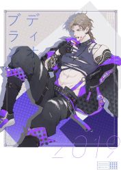 Rule 34 | 1boy, 2019, alternate costume, belt, black gloves, black jacket, black legwear, black pants, black shirt, blonde hair, blood, blood on face, chain, character name, crop top, damanged, dio brando, earrings, fingerless gloves, gloves, highres, jacket, jewelry, jojo no kimyou na bouken, leg up, lips, muscular, muscular male, nail polish, off shoulder, pants, parted lips, purple footwear, purple nails, red eyes, shirt, shoes, sitting, sneakers, solo, solo focus, spiked belt, spiked gloves, tattoo, torn clothes, torn pants, youamo, zipper