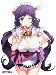 Rule 34 | 10s, 1girl, apron, blush, breasts, cleavage, green eyes, hand on own hip, huge breasts, large breasts, leaning forward, long hair, looking at viewer, love live!, love live! school idol project, maid headdress, mogyutto &quot;love&quot; de sekkin chuu!, one eye closed, purple hair, smile, solo, standing, torigoe takumi, tojo nozomi, twintails, valentine, very long hair