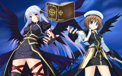 Rule 34 | 2girls, amicis, black wings, blue eyes, book, brown hair, facial mark, fingerless gloves, gloves, hat, head wings, long hair, lyrical nanoha, mahou shoujo lyrical nanoha, mahou shoujo lyrical nanoha a&#039;s, multiple girls, multiple wings, red eyes, reinforce, schwertkreuz, short hair, silver hair, single thighhigh, skirt, smile, staff, thigh strap, thighhighs, tome of the night sky, wings, yagami hayate, tome of the night sky