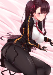 Rule 34 | 1girl, absurdres, ass, black gloves, black jacket, black pantyhose, blush, breasts, chest strap, collared shirt, covered erect nipples, dress shirt, from side, frown, girls&#039; frontline, gloves, hair ribbon, highres, jacket, large breasts, long hair, long sleeves, looking at viewer, nanohana (november.), necktie, no pants, one side up, open clothes, open jacket, pantyhose, pinstripe pattern, purple hair, red eyes, red necktie, red ribbon, ribbon, shirt, solo, striped, sweatdrop, very long hair, wa2000 (girls&#039; frontline), white shirt