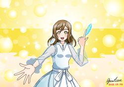 Rule 34 | 1girl, artist name, artist request, bare shoulders, blush, bow, breasts, brown eyes, brown hair, dress, earrings, feather earrings, feathers, female focus, hair between eyes, highres, holding, holding feather, jewelry, kunikida hanamaru, layered skirt, light brown hair, long hair, long sleeves, looking at viewer, love live!, love live! school idol festival, love live! sunshine!!, miniskirt, parted lips, plaid, plaid dress, plaid skirt, pleated, pleated dress, pleated skirt, reaching, reaching towards viewer, see-through, see-through sleeves, skirt, small breasts, smile, solo, the story of feather (love live!), white bow, white dress, white skirt, wing collar, yellow background, yellow eyes