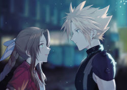 Rule 34 | 1boy, 1girl, absurdres, aerith gainsborough, armor, blonde hair, blue eyes, blurry, blurry background, braid, braided ponytail, breasts, brown hair, choker, cloud strife, dress, earrings, final fantasy, final fantasy vii, final fantasy vii remake, flower choker, green eyes, hair ribbon, highres, jacket, jewelry, leaning forward, long hair, looking at another, medium breasts, outdoors, parted bangs, parted lips, pink dress, pink ribbon, profile, red jacket, ribbon, short hair, short sleeves, shoulder armor, sidelocks, single earring, sleeveless, sleeveless turtleneck, smile, spiked hair, square enix, suspenders, turtleneck, upper body, yorukun
