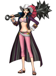 Rule 34 | 1girl, 3d, alvida (one piece), bra, bracelet, breasts, club, club (weapon), coat, earrings, feet, green eyes, highres, jewelry, lipstick, makeup, midriff, nail polish, necklace, official art, one piece, one piece: pirate warriors, sandals, spiked club, toenail polish, toenails, underwear, weapon