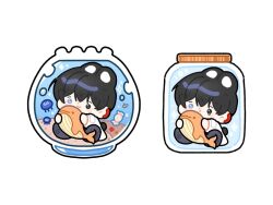 Rule 34 | 1boy, animal ears, bbing zzi, black eyes, black hair, blue eyes, blush, chibi, closed mouth, commentary request, eoduun badaui deungbul-i doeeo, fishbowl, highres, holding, holding stuffed toy, in container, in jar, jar, jellyfish, kemonomimi mode, korean commentary, male focus, open mouth, park moo-hyun, rabbit boy, rabbit ears, rabbit tail, short hair, simple background, sitting, smile, stuffed animal, stuffed toy, stuffed whale, tail, white background