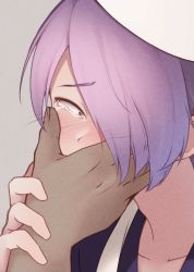 Rule 34 | 2boys, blush, chikuwa savy, collarbone, commentary request, crying, dark-skinned male, dark skin, face, hair over one eye, hand on another&#039;s mouth, hat, male focus, multiple boys, purple hair, shishikura seiji, short hair, simple background, solo focus, tears