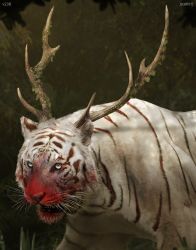 Rule 34 | animal, antlers, branch, concept art, cut content, forest, giant, giant monster, horns, kaijuu, king kong (series), kong: skull island, leaf, legendary pictures, monster, monsterverse, nature, official art, plant, realistic, single horn, spirit tiger, tiger, white tiger, zachary berger