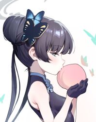Rule 34 | 1girl, animal, black dress, black gloves, black hair, blue archive, bug, butterfly, cheenack, china dress, chinese clothes, double bun, dragon print, dress, food, from side, fruit, gloves, grey halo, hair bun, halo, holding, holding food, holding fruit, insect, kisaki (blue archive), long hair, peach, profile, simple background, sleeveless, sleeveless dress, solo, twintails, white background