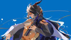 Rule 34 | 1girl, absurdres, arknights, black hair, black jacket, blue background, cape, cello, chinese commentary, commentary request, ebenholz (arknights), epaulettes, goat horns, highres, horns, instrument, jacket, long sleeves, profile, purple eyes, shancha (hongsetianzhukui), short hair, simple background, solo, upper body