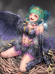 Rule 34 | 1girl, absurdres, bird legs, black feathers, black wings, blush, breasts, claws, covered erect nipples, enokiyama, fang, feathers, green hair, harpy, heart, heart-shaped pupils, highres, indie virtual youtuber, lincoro, monster girl, navel, nest, open mouth, pointy ears, red eyes, short hair, short twintails, small breasts, solo, stomach tattoo, symbol-shaped pupils, talons, tattoo, tentacle clothes, tiara, twintails, virtual youtuber, wings
