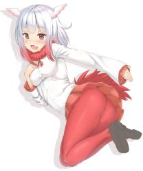 Rule 34 | 10s, 1girl, ass, blunt bangs, blush, commentary request, gloves, head wings, highres, japanese crested ibis (kemono friends), kemono friends, long hair, long sleeves, looking at viewer, multicolored hair, open mouth, pantyhose, pleated skirt, red gloves, red hair, red pantyhose, reinama, shoes, sidelocks, skirt, solo, tail, two-tone hair, white hair, wings, yellow eyes