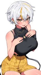 Rule 34 | 1girl, :d, bare arms, bare shoulders, black shirt, blonde hair, blush, breasts, brown eyes, commentary request, covered collarbone, crop top, grey hair, hair between eyes, hands on own chest, hands up, highres, korean commentary, large breasts, looking at viewer, luvdia, midriff, multicolored hair, open mouth, park dona, pixie cut, plaid, plaid shirt, shirt, short hair, short shorts, shorts, simple background, sleeveless, sleeveless shirt, smile, solo, streaked hair, tosyeo, very short hair, virtual youtuber, white background, yellow shorts