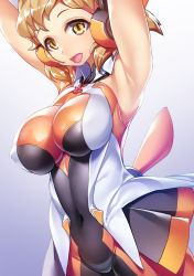 Rule 34 | 1girl, armpits, arms up, bodysuit, breasts, brown hair, covered erect nipples, hair ornament, hairclip, headgear, highres, impossible bodysuit, impossible clothes, katourennyu, large breasts, looking at viewer, open mouth, orange bodysuit, orange eyes, senki zesshou symphogear, shiny clothes, shiny skin, short hair, skin tight, sleeveless, smile, solo, standing, tachibana hibiki (symphogear)