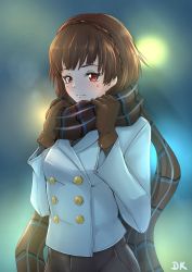 Rule 34 | 1girl, aqua coat, artist name, artist request, black pants, black scarf, blush, braid, brown gloves, brown hair, checkered clothes, checkered scarf, cloud, coat, crown braid, female focus, gloves, highres, long sleeves, looking at viewer, night, night sky, niijima makoto, outdoors, pants, persona, persona 5, persona 5 the royal, red eyes, scarf, short hair, sky, solo, winter clothes