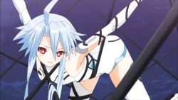 Rule 34 | 10s, 1girl, ahoge, armpits, arms up, bare shoulders, bdsm, bent over, blanc (neptunia), blue hair, blurry, blush, bodysuit, bondage, bound, bound arms, bound legs, breasts, cable, clenched teeth, depth of field, elbow gloves, flipped hair, from side, gloves, hair between eyes, halterneck, highres, leotard, long hair, looking at viewer, magical girl, neptune (series), outstretched arms, parted bangs, power symbol, power symbol-shaped pupils, red eyes, restrained, rope, screencap, short hair with long locks, sidelocks, small breasts, solo, spread arms, spread legs, symbol-shaped pupils, teeth, thighhighs, turtleneck, very long hair, wallpaper, watermark, white gloves, white heart (neptunia), white thighhighs