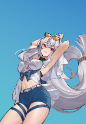 Rule 34 | 1girl, arknights, armpits, arms up, blue background, blue shorts, breasts, cloud, commentary request, cowboy shot, eir, eyewear on head, hair between eyes, highres, long hair, looking at viewer, medium breasts, navel, no headwear, official alternate costume, parted lips, red eyes, short shorts, shorts, silver hair, simple background, skadi (arknights), skadi (waverider) (arknights), solo, standing, stomach, sunglasses, thigh strap, thighs, very long hair