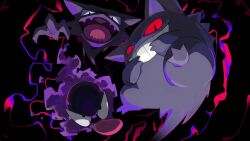 Rule 34 | absurdres, black background, black eyes, creatures (company), evolutionary line, fang, fangs, floating, full body, game freak, gastly, gen 1 pokemon, gengar, grin, haunter, highres, kura (shironagasu02), looking at viewer, nintendo, no humans, open mouth, pokemon, pokemon (creature), shaded face, skin fang, smile, tail, teeth, tongue, tongue out