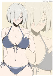 1girl artist_name bikini blue_bikini blue_eyes blush breasts collarbone cowboy_shot dated grey_hair hair_ornament hair_over_one_eye hairclip hamakaze_(kancolle) hand_on_own_chest highres kantai_collection large_breasts looking_at_viewer navel short_hair solo swimsuit taira_yuuki yellow_background zoom_layer