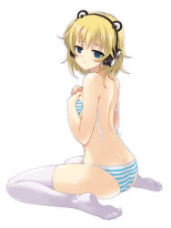 Rule 34 | 1girl, ass, bare arms, bare shoulders, bikini, blonde hair, blue eyes, butt crack, dasoku sentarou, from side, headphones, looking at viewer, looking to the side, original, short hair, simple background, sitting, solo, string bikini, striped bikini, striped clothes, swimsuit, thighhighs, untied, wariza, white background, white thighhighs